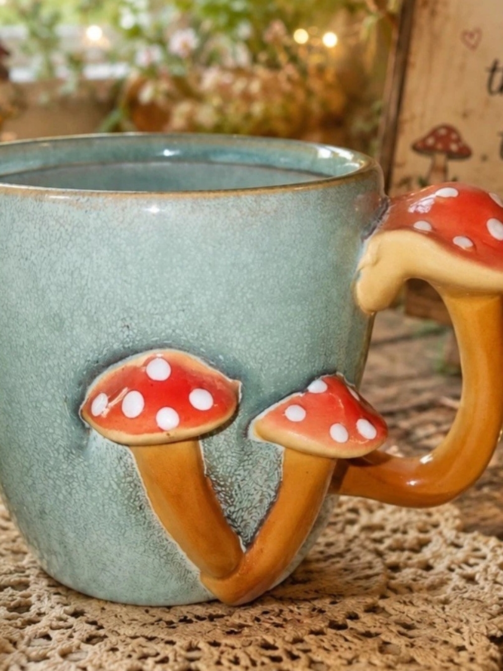 Handcrafted Ceramic Mushroom Polka Dot Mug - Aqua Green and Red Cottagecore